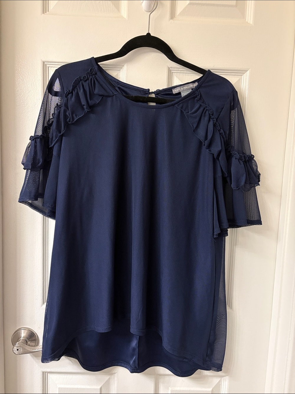 Kate & Mallory Navy Ruffle Mesh-Sleeve Blouse